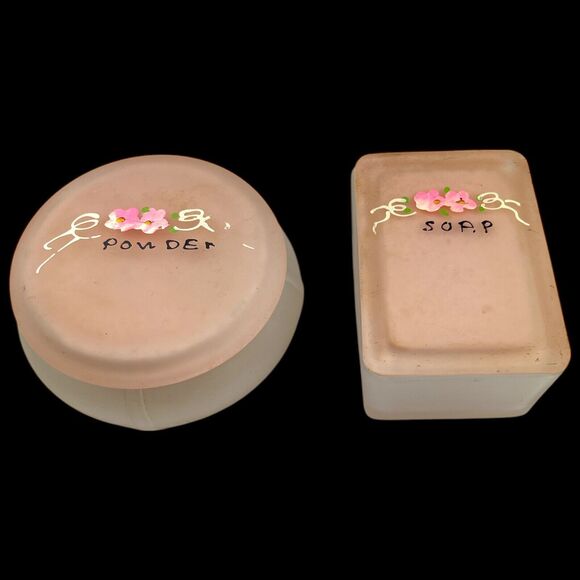 40's Frosted Glass Pink Floral Apothecary Jar Container Vintage 7pc Nursery Set - Picture 11 of 12